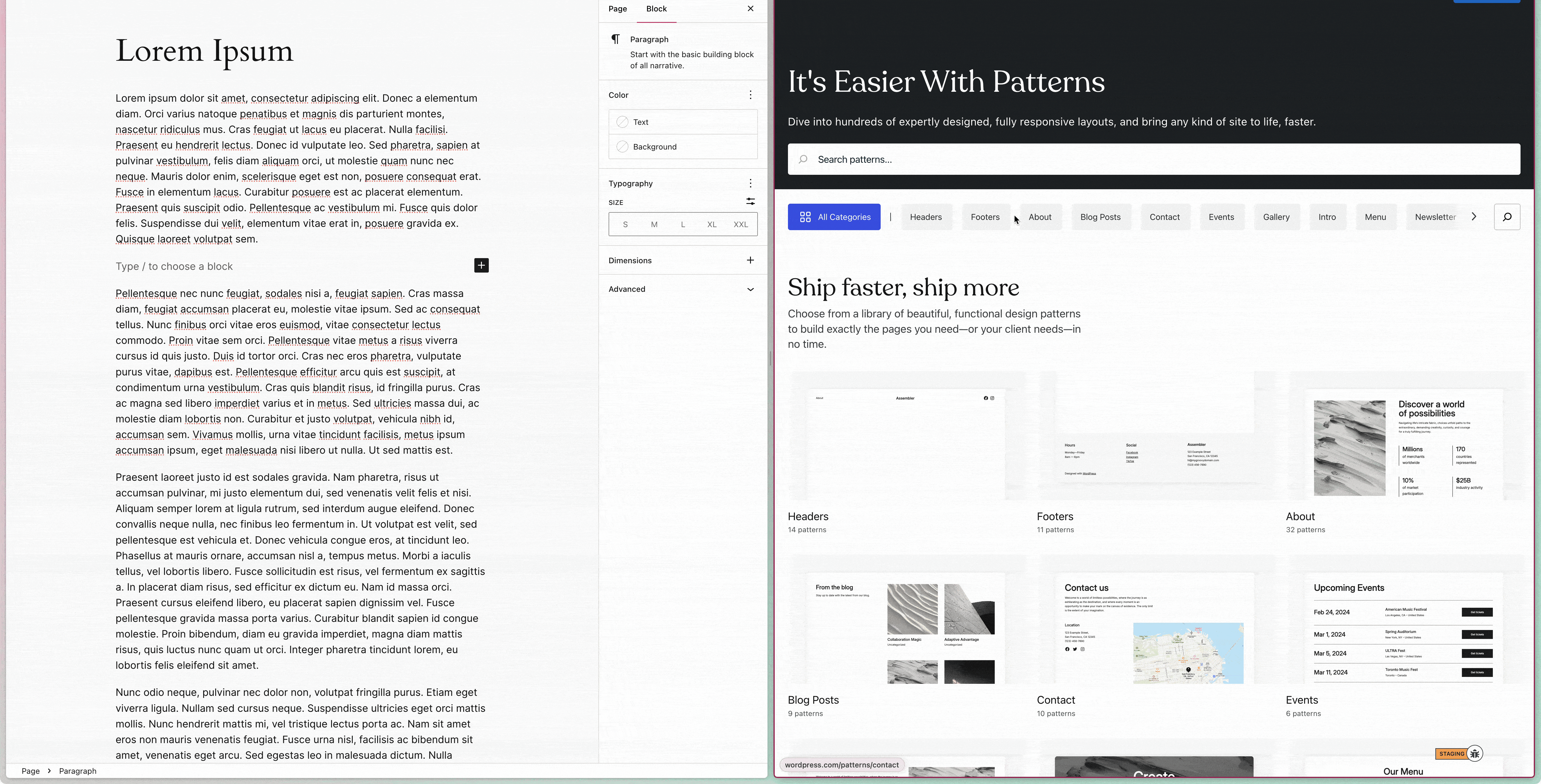 gif showing how to add a pattern from WordPress.com's Pattern Library to a WordPress page